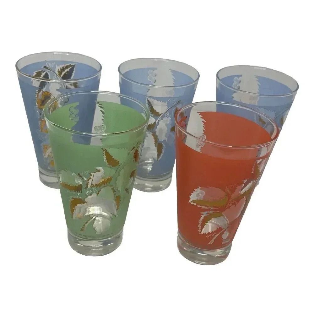 Bartlett Collins Vintage MCM Frosted Mist Glass Tumblers Gold Leaf Set of 5